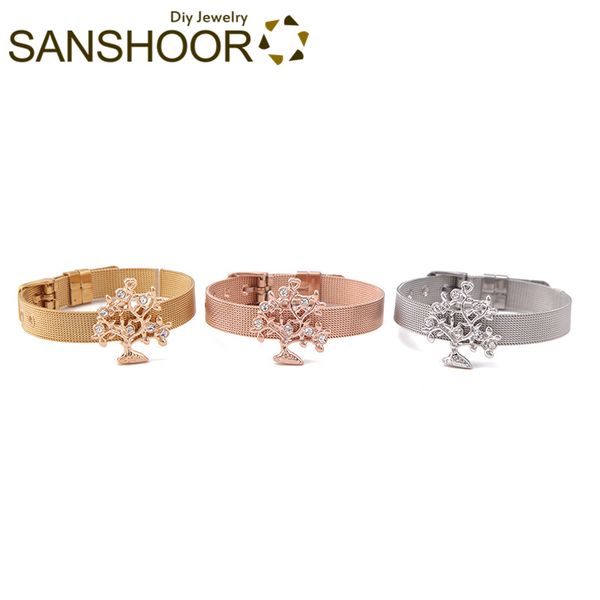 

tennis sanshoor 3colros 21cm stainless steel mesh keeper bracelet set with 2.8*2.5cm crystal tree big slide charms for women christmas, Golden;silver