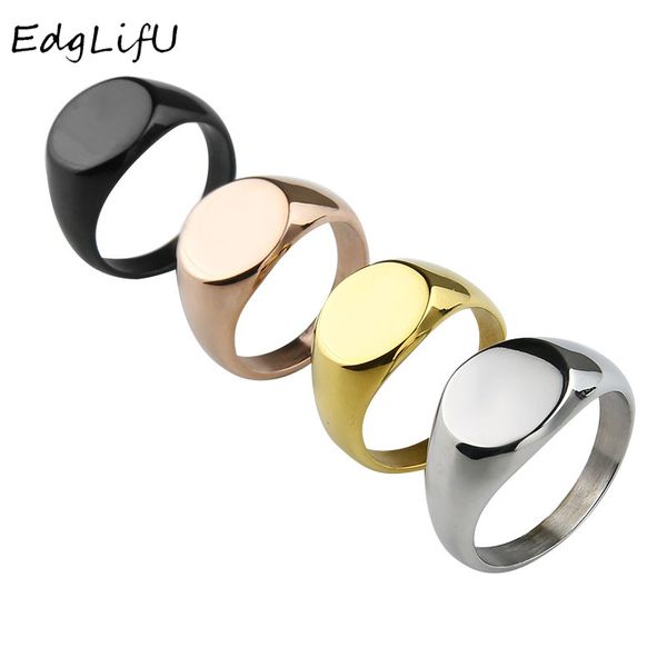 

edglifu men's simple round 13mm band ring fashion polished seal ring for women stainless steel signet rings jewelry engrave logo, Golden;silver