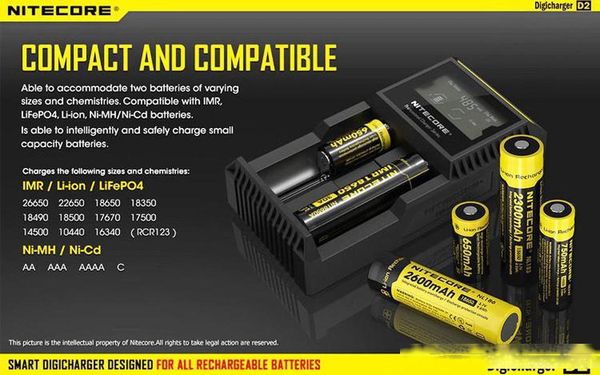 

wholesale - nitecore d2 new i2 lcd digicharger universal intelligent charger retail package with cable for li-ion &ni-mh battery in stock d