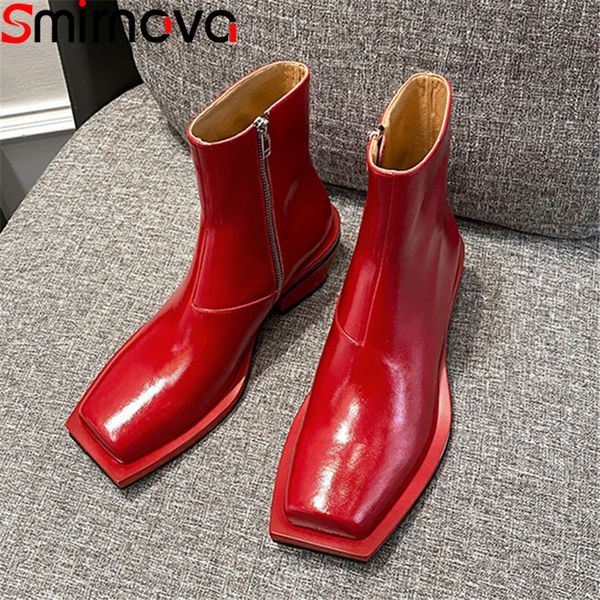 

boots smirnova 2021 genuine leather thick heels square toe fashion ladies shoes autumn winter solid color ankle for woman, Black