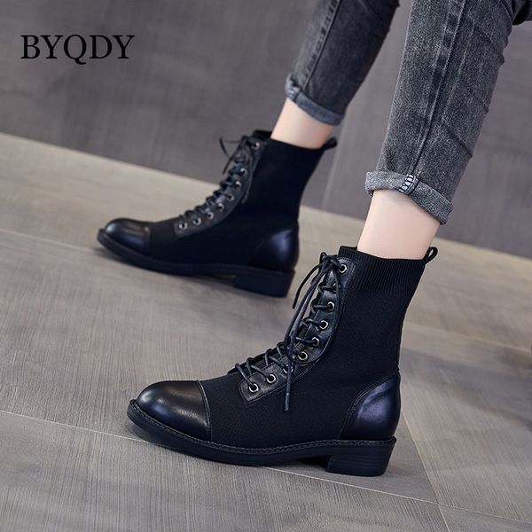 

byqdy motorcycle boots women shoes punk platform thick heel ankle boots lace up lady short zip autumn winter black 34-39