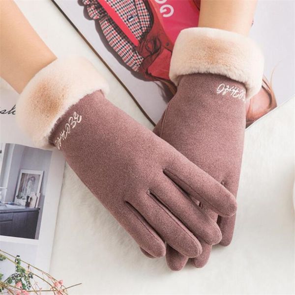 

chsdcsi touched screen mittens winter female wrist warm fur cashmere full finger mittens women suede leather driving ski gloves, Blue;gray