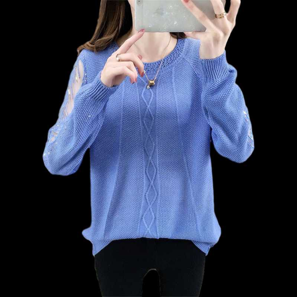 

2020 autumn women sweater o-neck lace hollow out blouse casual long sleeve solid pullovers female knitted winter women shirts, White;black