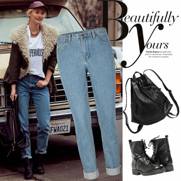 

denim high waisted loose jeans womens pants clothes jeans plus size, Blue