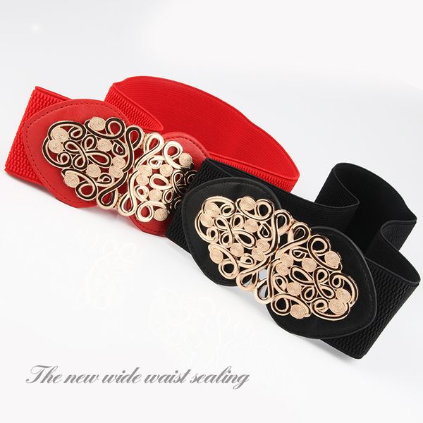 

belts korean version of the retro hollow flower decoration pair buckle ultra wide waist seal ladies ethnic elastic, Black;brown