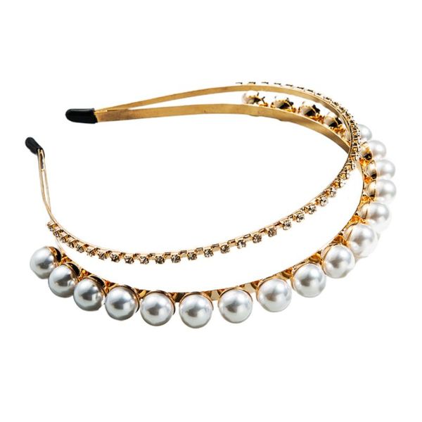 

double row geometric rhinestone metal hair hoop pearl jewelry party headdress 449f, Golden;silver