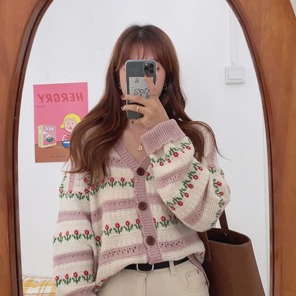 

women's korean style floral printing v-neck knitted cardigans female casual oversized all-match striped sweater, White