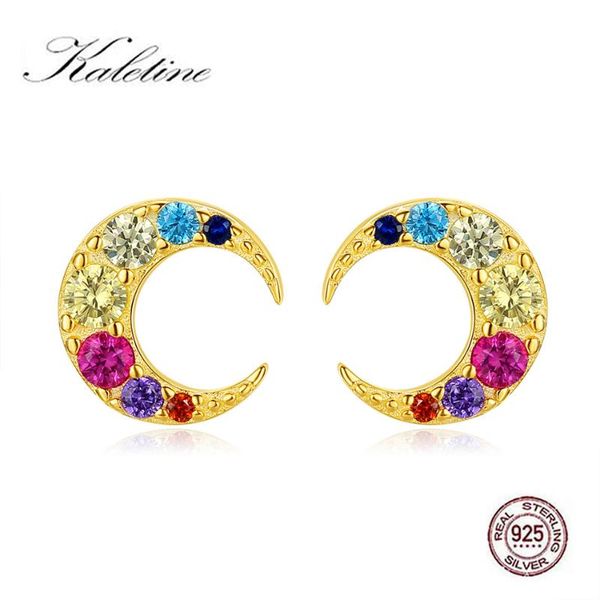 

stud kaletine cute 925 sterling silver earrings for women jewelry gift color rainbow cz tiny star moon fashion, Golden;silver