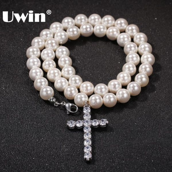

uwin fashion 8mm/10mm beads white shell pearl chains necklaces with iced cubic zirconia cross pendant men women hiphop jewelry, Silver