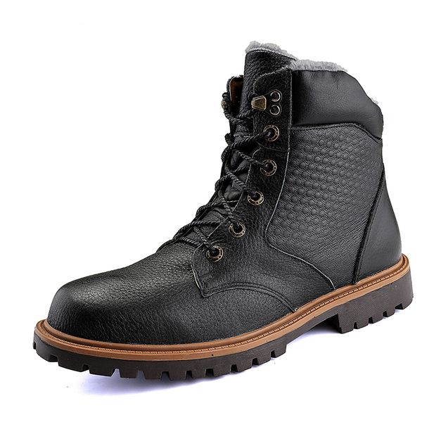 

boots men's non-slip winter men lace-up leather snow man ankle basic plush warm shoes, Black