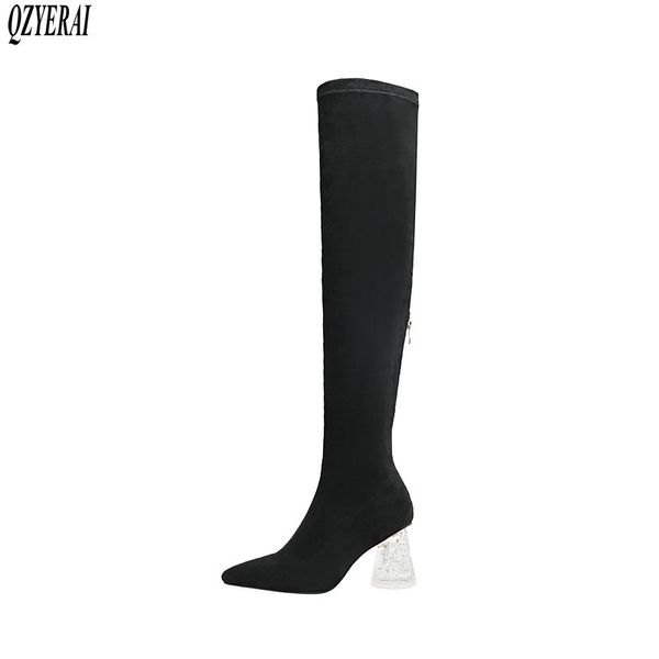

new winter over knee boots genuine leather women boots stretch crystal with deerskin socks woman warm women shoes, Black