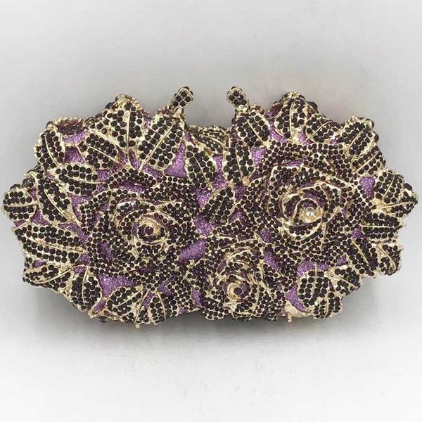 

gold metal evening bags women party purse luxury dark purple crystal handbags ladies diamond floral dinner shoulder purse