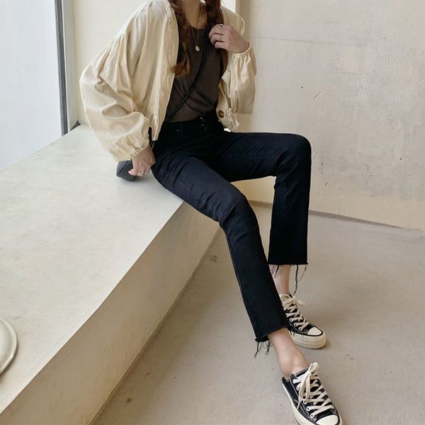 

2020 new korean style high waist jeans women straight stretch cigarette trousers with edges and thin cropped trousers women, Blue