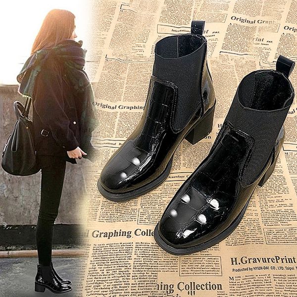 

women's boots patent leather women's british style short boots bare thick heels winter elastic band, Black