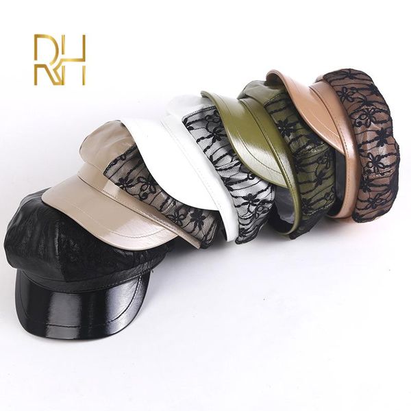 

stingy brim hats fashion visor hat faux leather autumn winter vintage beret cap for women stitching lace flat casual berets, Blue;gray