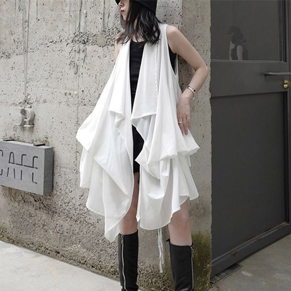 

women's trench coats johnature 2021 summer fashion streetwear sleeveless long irregular women all match sashes loose, Tan;black