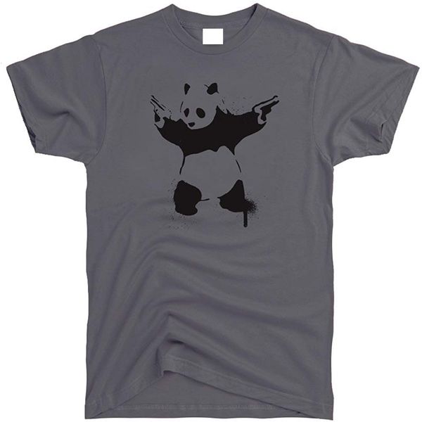 

men's banksy stencil grafitti panda with gun t shirt men women grey oversized tee shirt