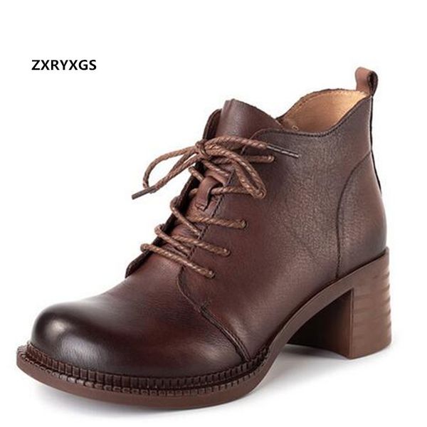 

zxryxgs cowhide boots for women shoes ankle boots 2020 new autumn lace-up thick heel non-slip comfortable women, Black