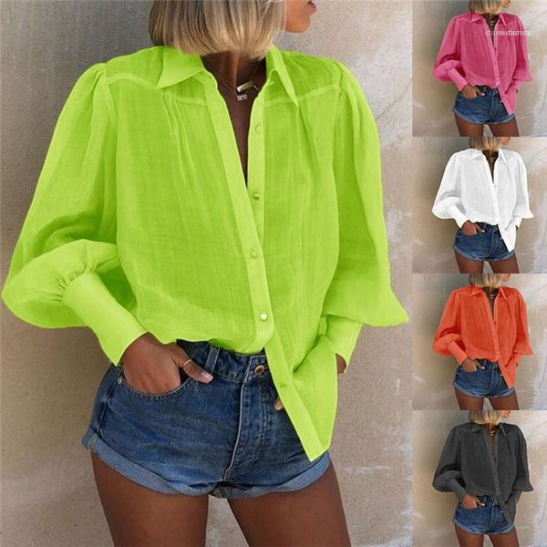 

women fashion spring summer clothes womens puff sleeve loose shirts woman sweet color lapel neck long sleeve casual blouses