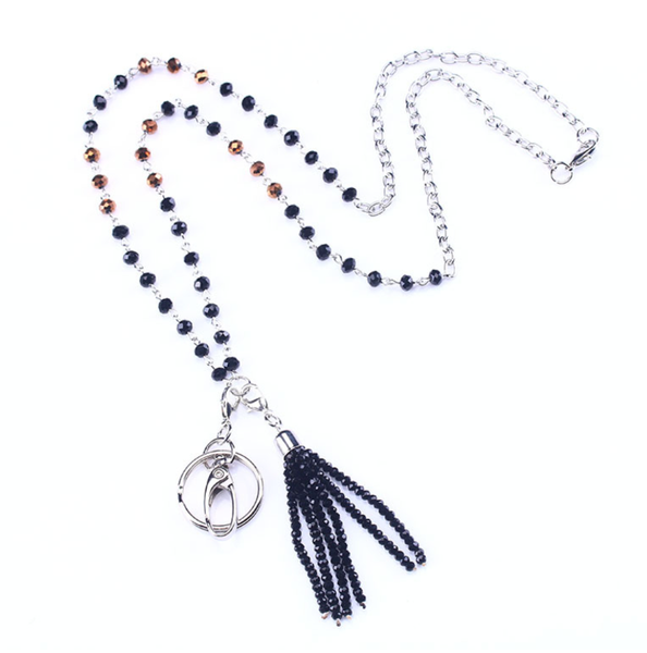 

chains fashion lanyard necklaces with glass beads tassel for women strap mobile phones keys id card badge holder statement necklace, Silver