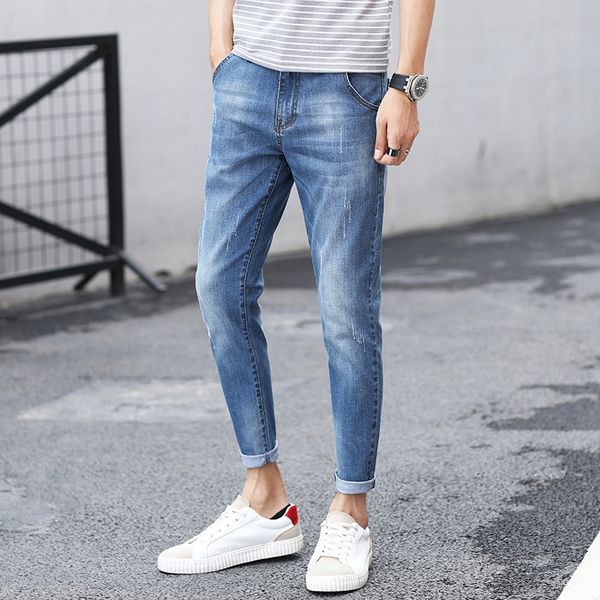 

men's jeans 2021 elasticated nine minute trousers fashion casual men pants slim fit, Blue