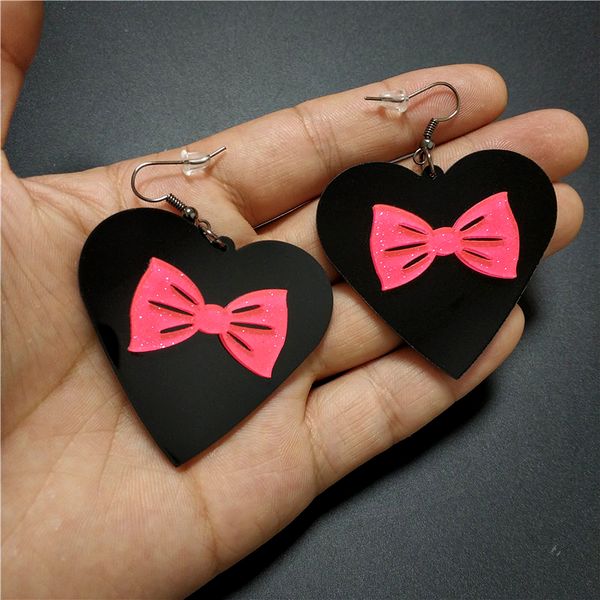

new black heart dangle earrings for women glitter pink bowknot woman drop earrings jewelry halloween accessories, Silver