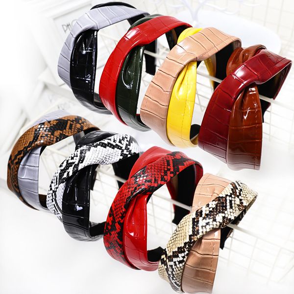 

korean cross pu leather headband women crocodile pattern leather hairwear fashion splicing hair bands accessories