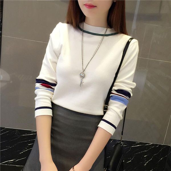 

black white striped women knitted sweater pullovers spring autumn colorblock long sleeve korean casual basic pullover khaki, White;black