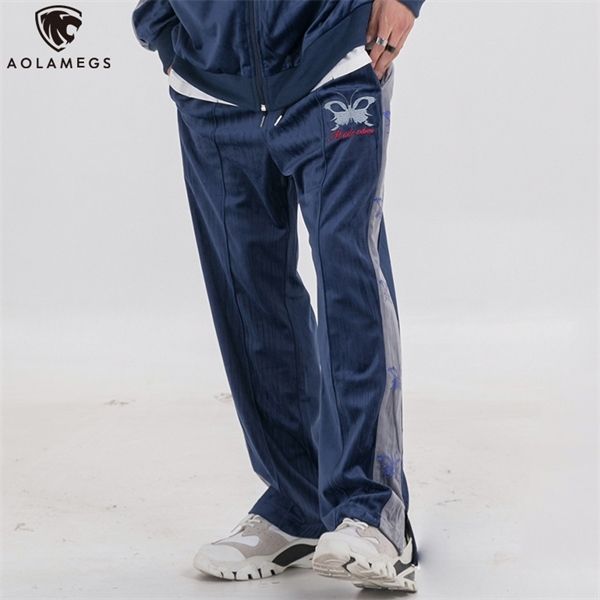 

aolamegs sweatpants side hit color pants for men embroidery elastic waist retro harajuku baggy cozy all-match hip hop streetwear, Black