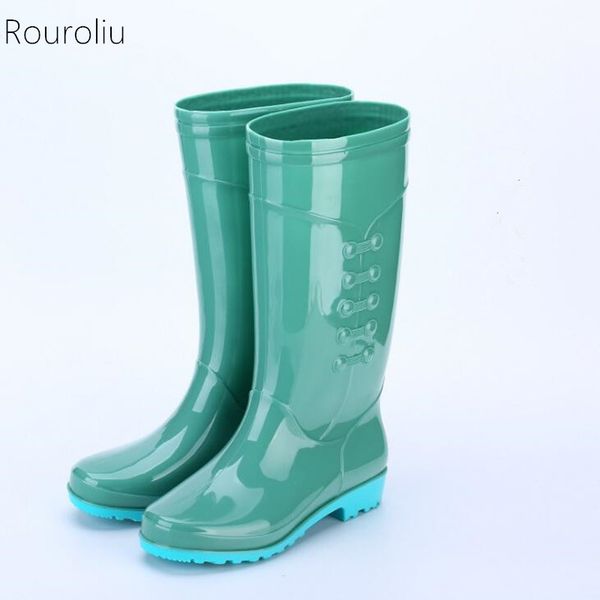 

rouroliu women flat heels tall rainboots pvc waterproof water shoes wellies fashion non-slip warm rain boots woman rt348, Black