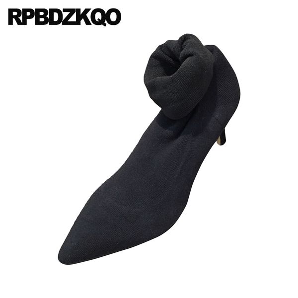 

green shoes women fashion black autumn 2020 boots yellow mid calf pointy fall slip on knit stiletto pointed toe new