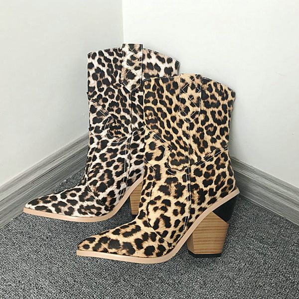 

леопардовый ковбойские сапоги для женщин клина пятки ботильонов острого носа коренастых пяток зимних сапог дама браун белого короткого boots, Black