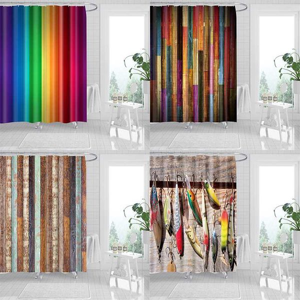 

waterproof shower curtain striped vintage wooden door bath curtains for bathroom bathtub screen set with 12pcs hooks dw184