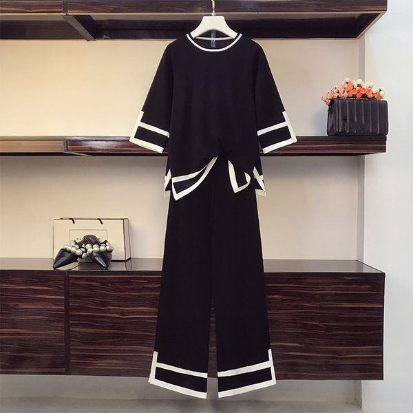 

women's tracksuits autumn knitted tracksuit plus size 2 piece set pullovers + split wide leg pants two knit sweatshirts suit, Gray