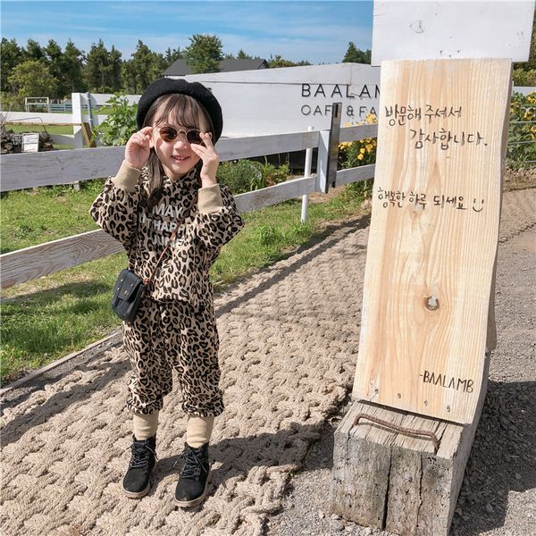 

2020 autumn new arrival korean style clothing sets leopard-printed hooded hoodie with long pants fashion suit for cool baby girl, White