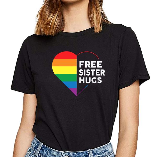 

t shirt women sister hugs rainbow heart comic inscriptions print female tshirt