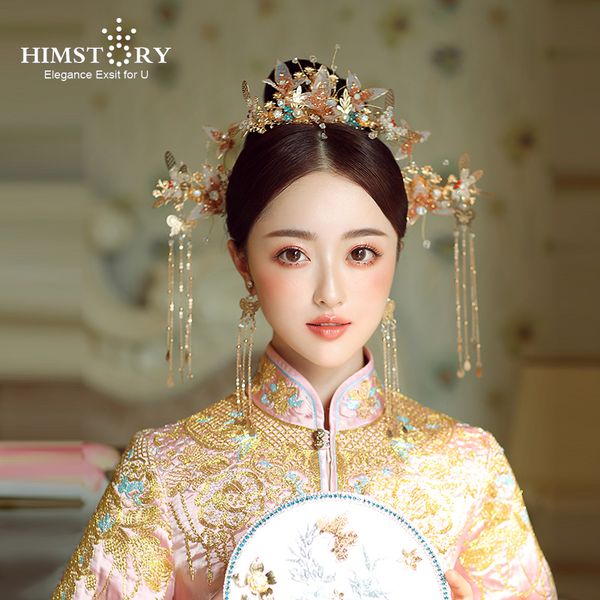 

himstory traditional chinese brides wedding phoenix crown hair ornaments ancient draggonfly suits vintage bridal hair accesories, Golden;silver