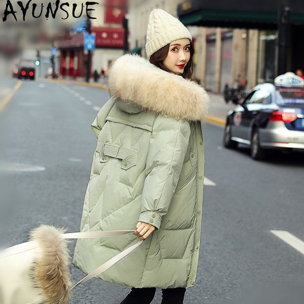

ayunsue women's down jacket winter coat women raccoon fur collar hooded fashion white duck down woman parkas ropa, Black