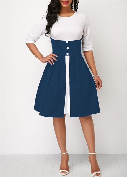 

dress ladies casual dress vintage womens a line dress color matching high waist womens mid sleeve, Black;gray