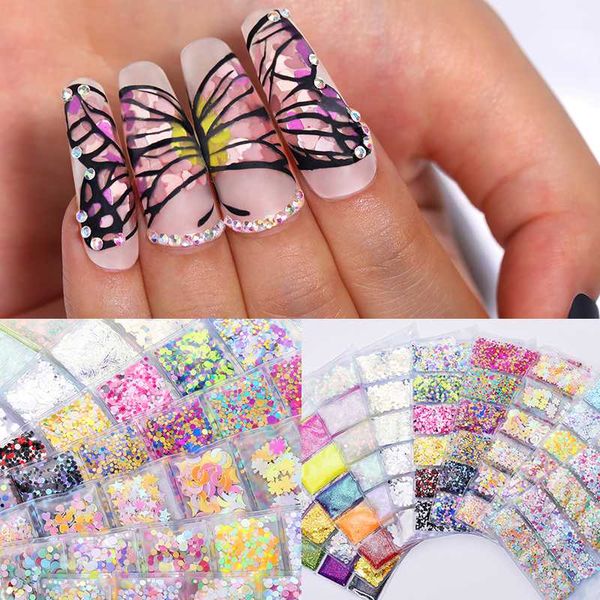 

6 grids/bag nail glitter powder colorful nail flakes sequins 3d diy sticker palliette chrome dust for art decorations, Silver;gold