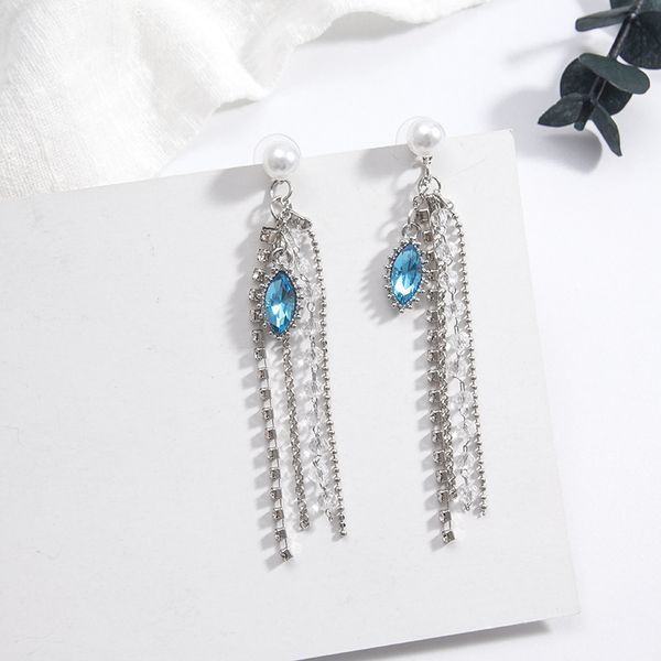

dominated 2020 contracted fine crystal pearl drop earrings women fashion temperament long metal tassel joker earrings jewelry, Silver