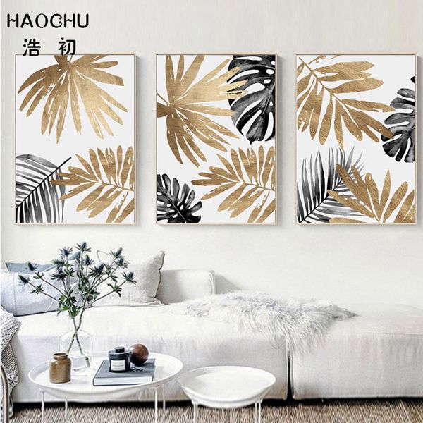 

paintings haochu golden gray abstract leaves canvas painting wall art banana leaf print posters and picture no frame
