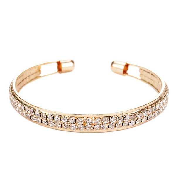 

latest fashion women 2-row crystal gold sliver adjustable open bracelet simple luxury shinning office ladies bangle jewelry, Black