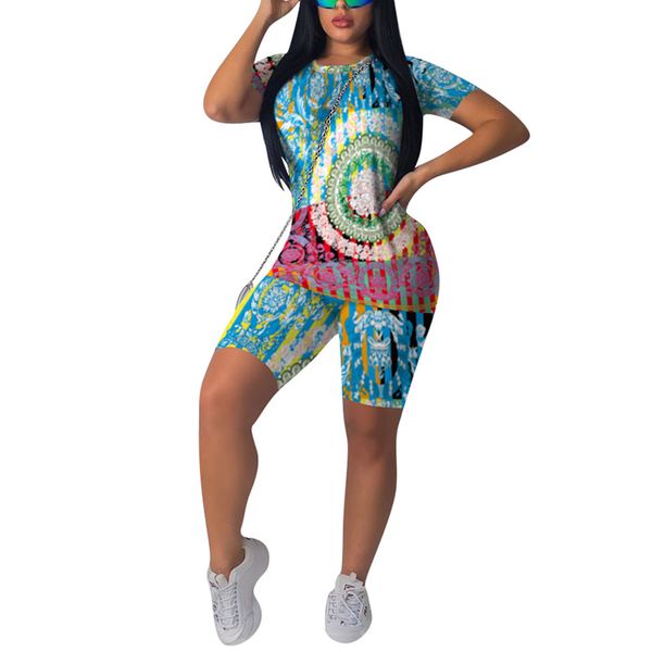

gym clothing women's two-piece printed suit fashion short-sleeve round neck with short pants for summer outdoor sportswear fitness, White;black