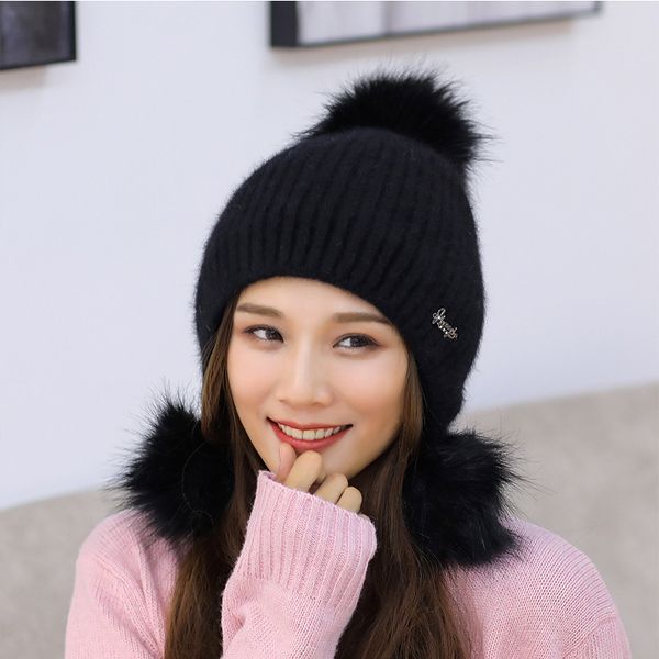

beanie/skull caps women winter plush thicken knitted ball cap cute solid wool skull outdoor cycling coldproof keep warm beanies headgear hat, Blue;gray