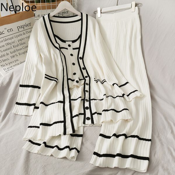 

neploe striped contrast color 3 piece set knitted single breasted o neck camis+stretch waist wide leg pants fashion suits, Gray