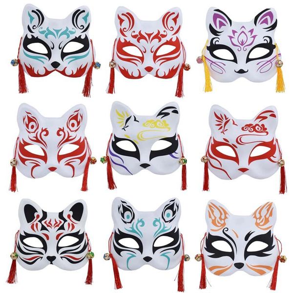 Elle boyanmış Japon tilki maskeleri cosplay kostümü maskeli balo festivali enfes yarım maskeler parti maskeli balo malzemeleri için cadılar bayramı dekorasyonu