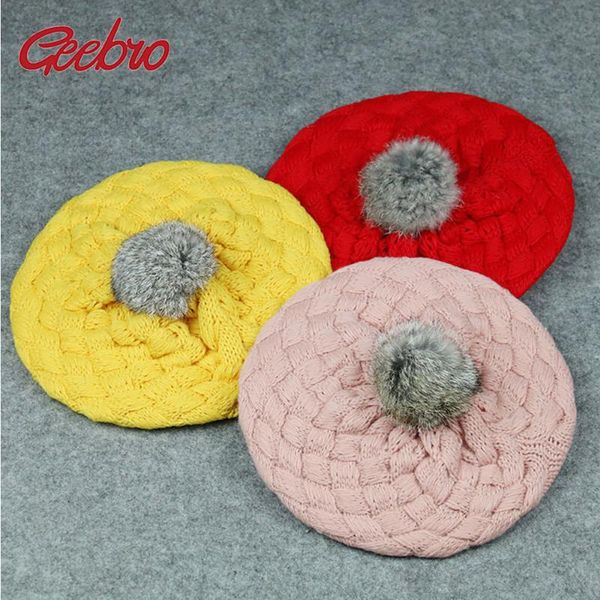 

geebro kid knitted warm beret hat solid color slouchy winter hats thick bonnet caps with faux fur pompom for girls babies winter, Blue;gray