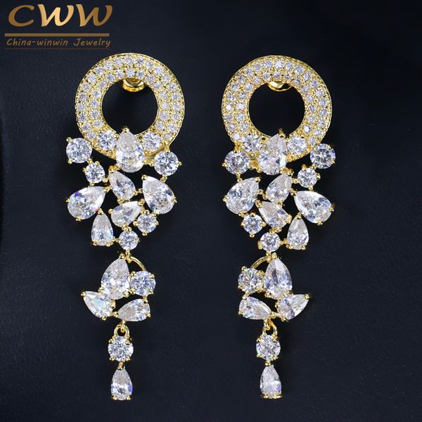 

cwwzircons gorgeous white cubic zirconia paved long drop yellow gold color women wedding earrings jewelry for brides cz106, Silver