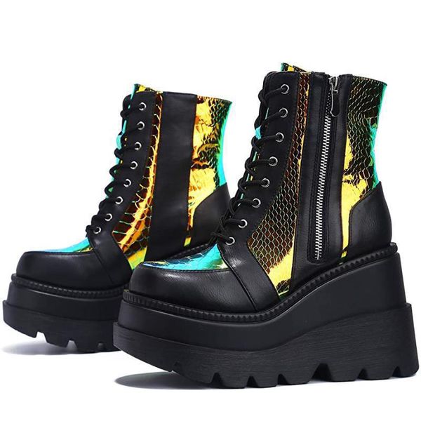 

boots female platform fashion ladies colorful wedges high heels ankle women party shoes woman, Black